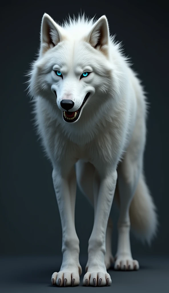 4k , ultra detailed, 3D, HD colored)Furry werewolf , pure white wolf,,, wolf feet , wolf tail , 1tail , tail on waist ,smiling  grin , piersing blue  eyes , black background with dark grey fog, standing looking at viewer, 