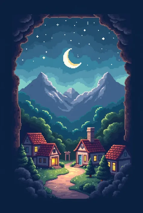 Pixel art village night time can see the moon and mountains 
folded card