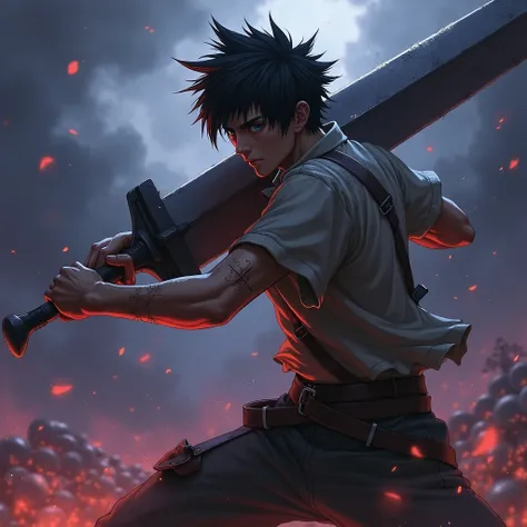  In a great war  .. Im a good fighter in a fighting position using a big sword (Like Cloud Final Fantasy ) .. Im also injured and my team my shirt is also dirty .. my background  ( purple blue black color ) .. my face is like that of Eren Yeager  (Much)