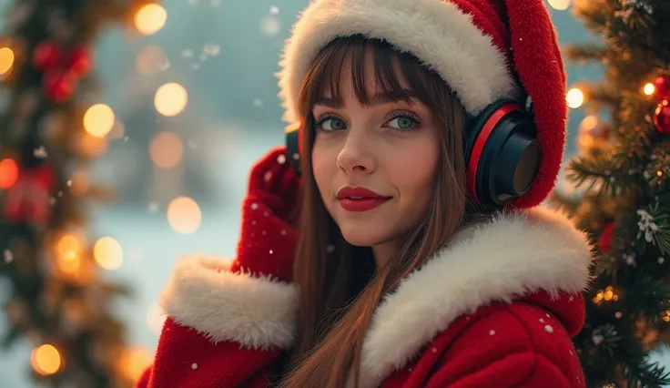 Beautiful young woman in Santa Claus clothes and headphones over Christmas background