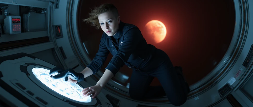 A woman in a sleek, utilitarian jumpsuit floats weightlessly inside a dimly lit space station. Her short-cropped hair drifts in zero gravity as she adjusts a glowing console panel with a plasma tool. Behind her, a massive viewing window reveals a distant, ...