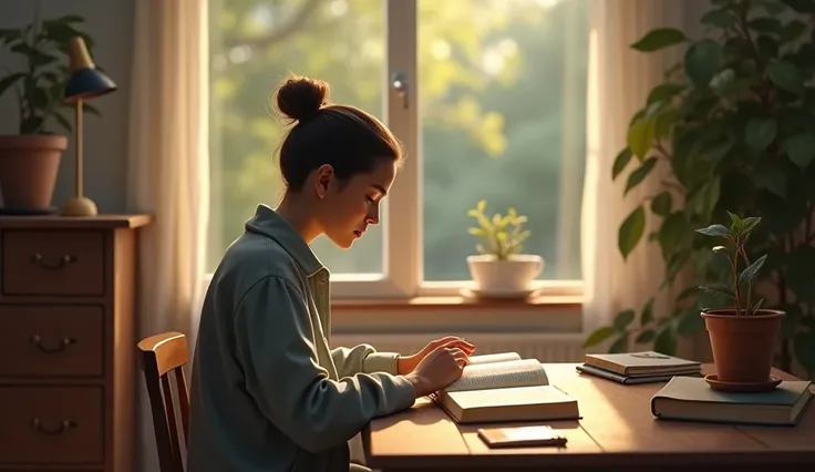 A Believer Meditating with Scripture:
A modern believer is shown sitting at a wooden desk in a cozy room, meditating on scripture. Open Bible and journal in front of them, their face shows calm and concentration. Behind them, a window reveals a peaceful ga...