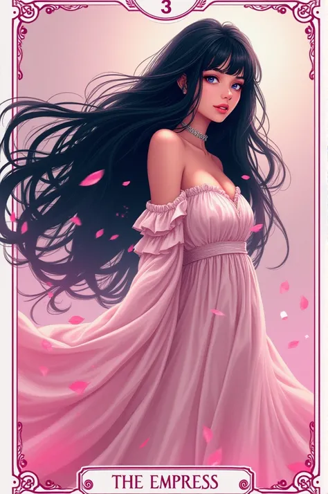  Tarot card illustration the Empress, girly idea, black hair, soft Cyberpunk style, shades of pink and white . Anime stile,  with the title in down AND the numer 3 up