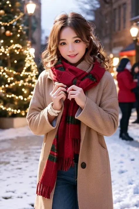 Going on a Christmas date in a beautiful townscape Winter wearing a stylish coat Loose, curly hair Wearing a scarf Snow is falling and looking Christmas tree cold Santa Claus