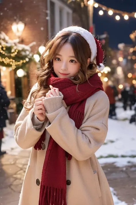 Going on a Christmas date in a beautiful townscape Winter wearing a stylish coat Loose, curly hair Wearing a scarf Snow is falling and looking Christmas tree cold Santa Claus