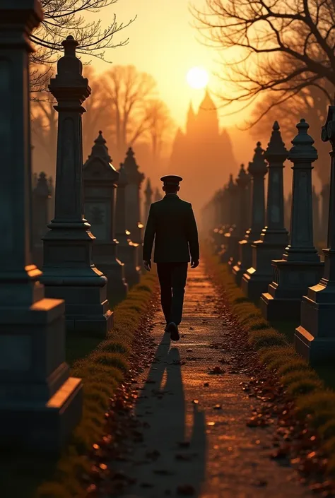 
Caminaba entre las tumbas, mirando las sombras alargadas que se formaban con el último rayo de sol."
Prompt: The cemetery in late afternoon with long, stretched shadows of tombstones, a lone guard walking between the graves, wearing a dark green uniform, ...