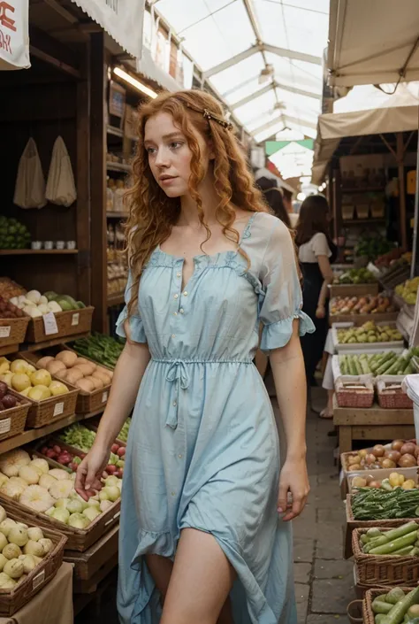 A  girl of about  with ginger curls, wearing a long flowy dress as she looks lost in the market