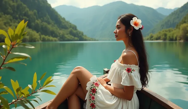 A beautiful Latin woman,  She is sitting in a boat  , In a transparent lake  ,  vegetation around and green hills in the background .  The woman is looking forward ,  wears a short embroidered blouse and embroidered white skirt . Wearing a flower in her ha...