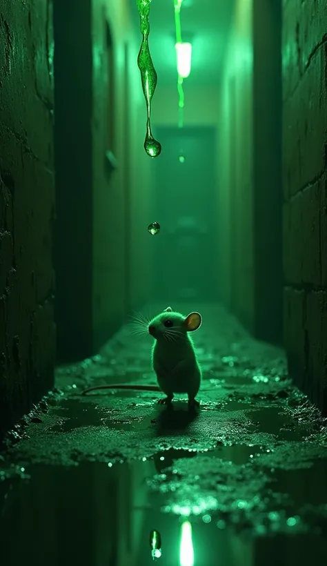 A hyper-realistic cinematic scene of a small mouse scurrying through a dimly lit, eerie corridor. The walls are damp and covered with grime, and the only light comes from a faint green glow reflected in puddles of liquid on the floor. From above, thick dro...