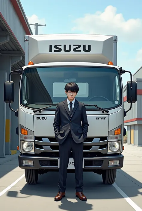 Isuzu elf250 with a  standing in front
