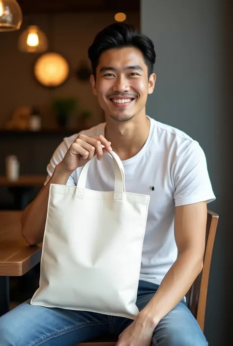 A fashionable photo of a handsome Chinese model wearing a white T-shirt, jeans, sitting in a cafe in an elegant pose, holding a plain white canvas bag with the same color strap, size 14*16 inches, showing a straight front print, smiling at the camera 