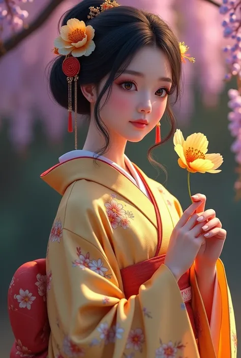 young woman malay、cute、kimono yelow puple、Holding a Japanese swor Beauty、1、Imaginary Being、Background real night、Background wisteria flower、(best quality,4K,8k,highres,masterpiece:1.2),ultra-detailed,(realistic,photorealistic,photo-realistic:1.37),HDR,uhd,...