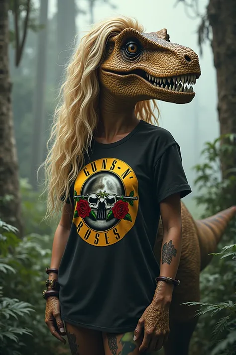 Female T-rex with light blonde hair and a Guns n Roses t-shirt