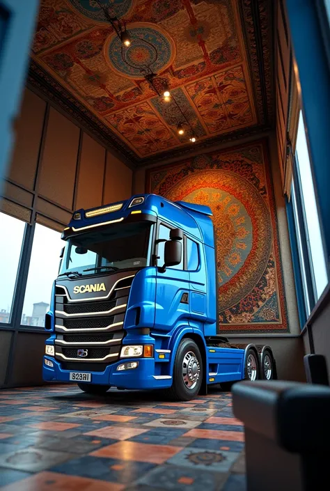 Help me with choosing a tapestry for my Scania R113 truck, And Im talking about you showing me the complete interior ,  additional information my truck outside is blue 