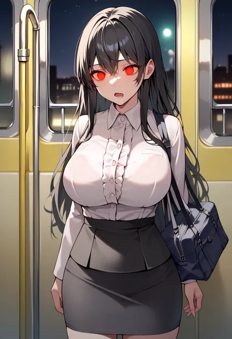 Masterpiece,source_anime,A Solo woman,black hair,straight long hair,large breast,business suits,tight skirt,business bag,standing,arms straight down,dazed,BREAK,glowing red eyes,empty eyes,half closed mouth,chestnut mouth,open mouth,drooling,saliva,salivat...