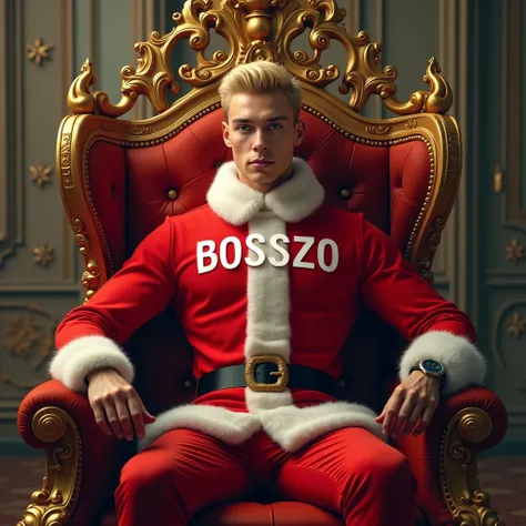 25year old man, short blonde hair, sitting on a throne, wearing a red Christmas costume, with a text BossZo on it