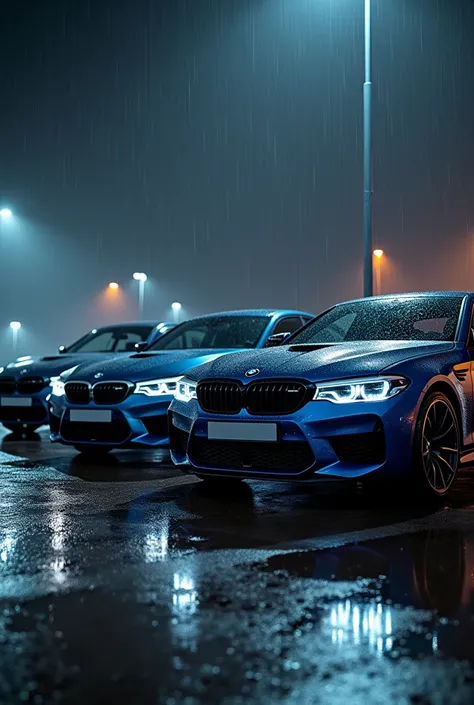 Parked bmw m5, bmw m3, bmw m4 together in night rain