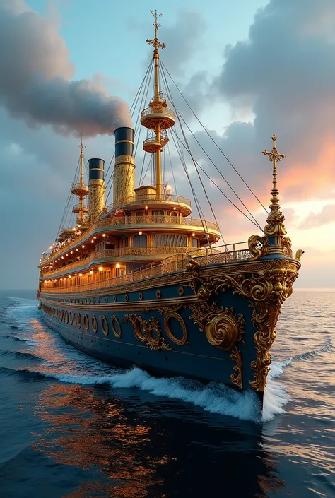 Modern Ship,  excessively decorated with golden rococo all over the side of the ship, with a well-evidenced Victorian design with many curved lines in blue and gold, all the external decoration is made with golden props and rococo embellishing the entire s...