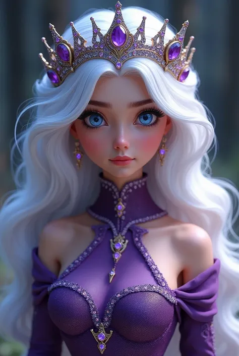 Woman with very long and full white hair purple dress studded with purple stones crown studded with purple stones Disney princess-style Pixar style blue eyes high neck dress 