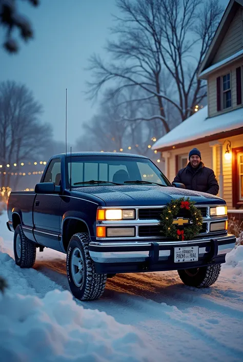  Create a 1997 Chevrolet Silverado in navy blue,  and next to him he puts his recharged driver in it , all this while its Christmas  