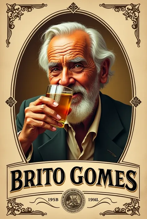 Cachaça logo with an old man drinking and the Brito Gomes brand 