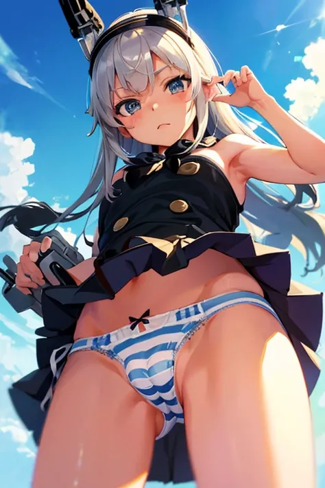 masterpiece, best quality, ultra detailed, ((striped panties)), (cowboy shot, crotch is close-up, ground-level, from below, mini skirt, from front), KanColle Shimakaze