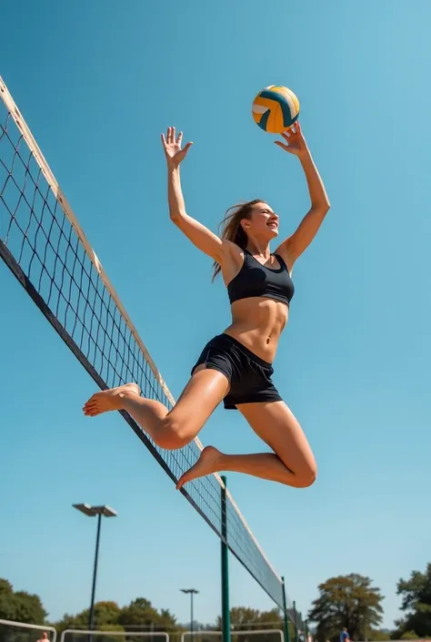 A dynamic action shot of a female volleyball player mid-air, executing a powerful spike during an intense outdoor beach volleyball match. The athlete is wearing a sports bra and shorts, displaying toned muscles and athleticism, with the volleyball perfectl...