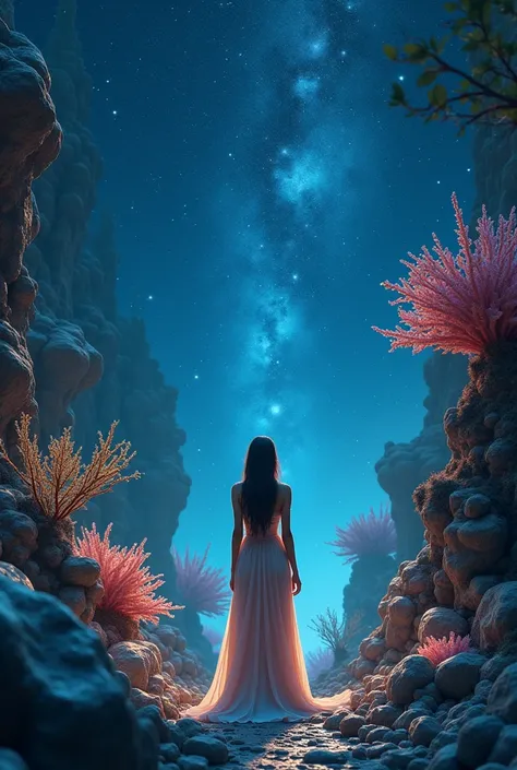  Perfect realistic photograph for this prompt: "In the heart of a magical forest,  where glistening stones and sparkling corals create a surreal setting,  a beautiful woman , It appears from the front in close ,  under a blue starry sky. Your gaze is turne...