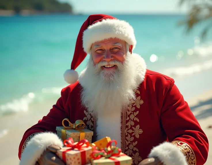 Santa Claus on the beach giving out IT presents, close up on santas face.