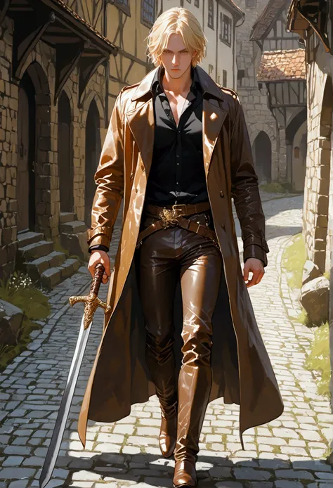 1guy, gold eyes, Blonde hair, short hair, wearing a long Brown leather trenchcoat, black simple shirt, Brown leather pants, Brown leather long boots, holding a dragon bone greatsword, walking in a medieval stony road