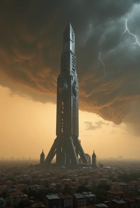 Image of a beautiful gray metal alien electronic tower illuminated extremely tall in the distance in the middle of a city with thousands of sprouted houses without power all around the horizon, Flat surface,  dark and stormy orange gray sky with lots of li...