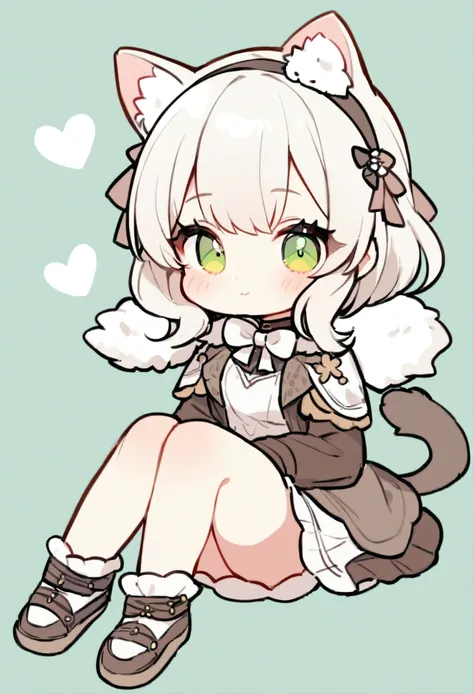 (Masterpiece:1.2, High quality), No Man,solo, 1cat, chibi style, Her fur is all white, she should have green eyes. She should have a bow on her head or around her neck. She should be very pretty and adorable, Her personality is nice and curious, She is gen...