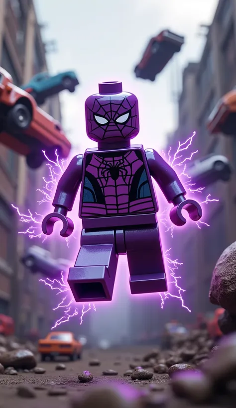 Lego magneto merged with lego spiderman, floating mid air, purple suit, in a scrapyard, bent cars floating around, purple lightenings, strong magnetic field, lego.