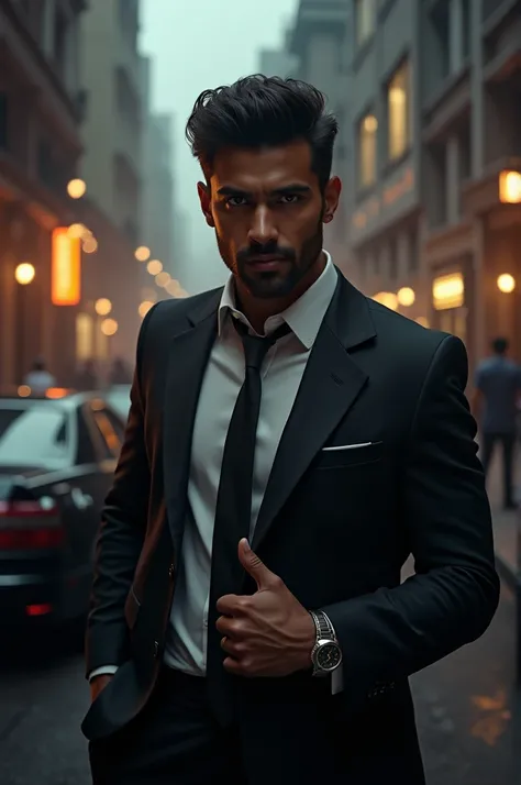 Here’s a detailed prompt idea for generating an image of an Indian under-25 young male with a mafia aesthetic:

---

"A striking portrait of a young, handsome Indian male, under 25, exuding charisma and power. He has a well-defined, fit physique, with a ch...