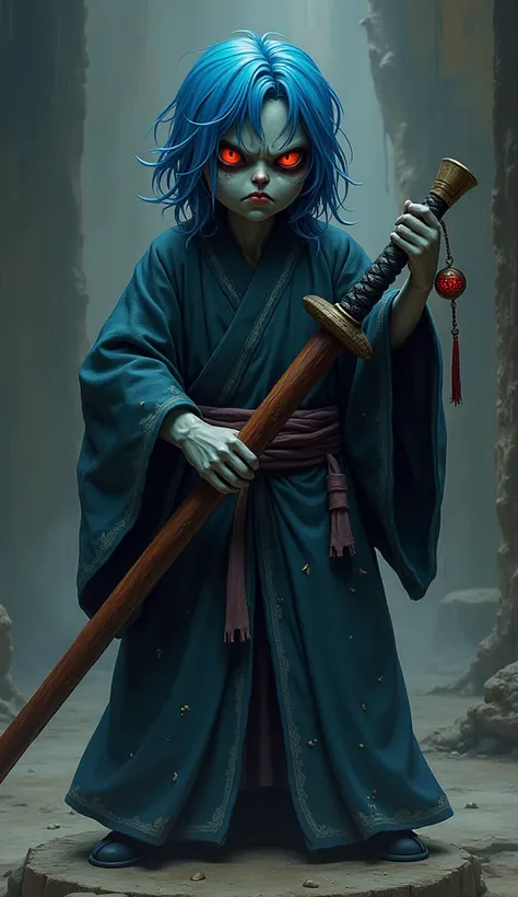  to generate a blue hair ， red eyes ， with the left hand holding a mahogany sword ， with the right hand raised upwards with a charm， the whole body of a zombie in a Taoist suit ，Slightly close the corner of the mouth ，, dark two-dimensional figure 