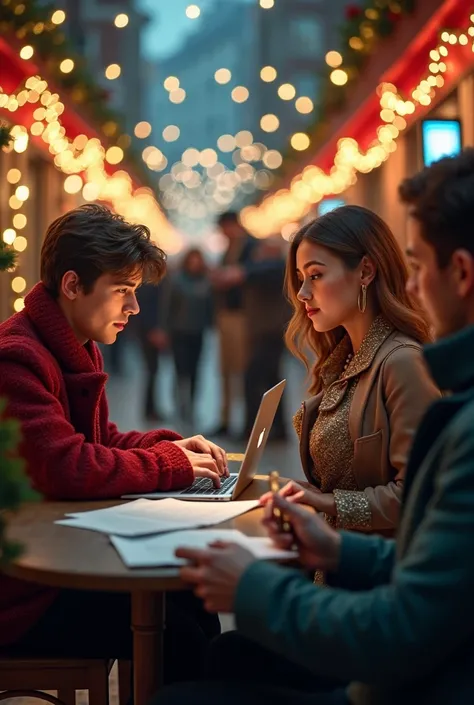 at christmas ,  a young man with his laptop and a celebrity, a paparazzy with photo device and a producers with contract around him