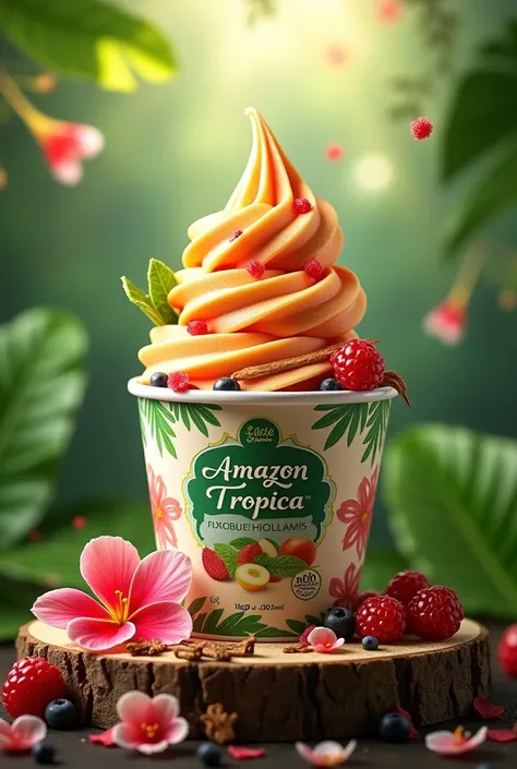  Generate an image of an ice cream to promote, with the name Amazon tropica 