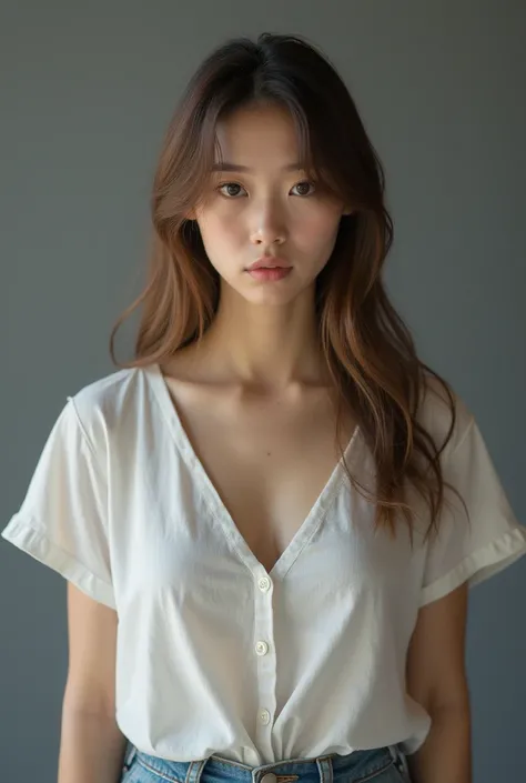  high resolution,  high level of image quality ,  high detail , masterpiece, rough skin,   anatomically accurate ,  sharp ,  gray background((Japanese mature , 20 years old)), Alone, ((facial wrinkles)),  in good condition, big breasts ,  Straight light br...