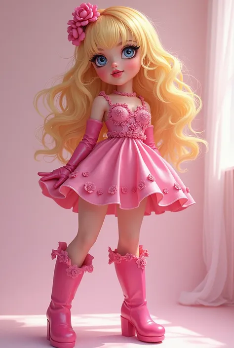 ((best quality)), ((masterpiece)), (detailed), bimbo, 1girl, bright blonde, pink flower dress, elbow gloves, knee high boots, enourmos , cute face, big eyes, slut, small waist, full lips, pink make up, heavy lipgloss, pink nailpolish