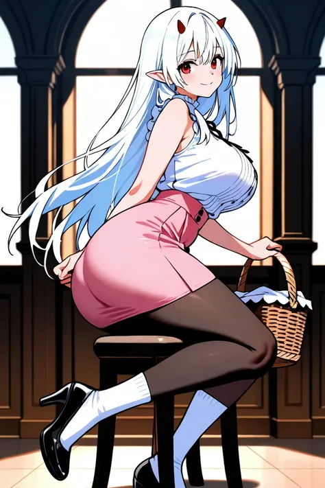 1 girl,  smiling, ((pretty face)),large breasts  ,  slim waist ,  wide hips, large butt,(fullbody view), on a chair,(side view),((White sleeveless blouse)), (pink short skirt),white long hair ,high black heels, Closed mouth , red eyes, pointy ears, (holdin...