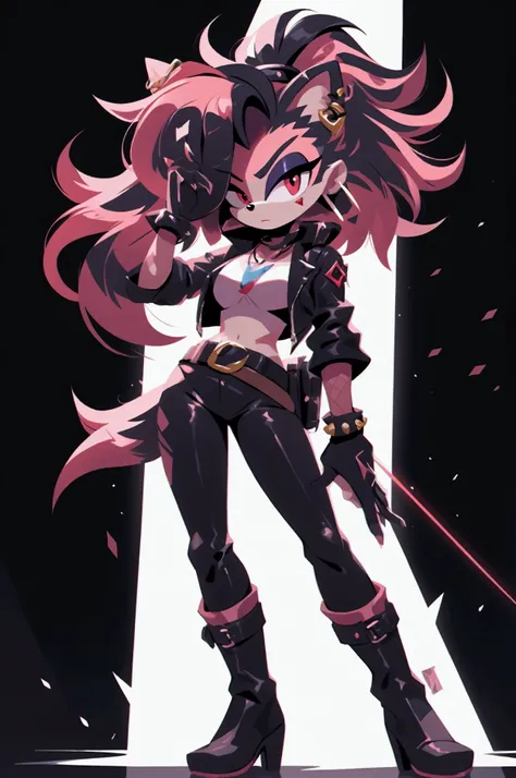 A female character with characteristics used in the IDWs Sonic universe.whole body.CHARACTERISTICS;hedgehog .spy outfit;Oshen-i, red eyes, punk hair, bracelet, gadget belt,necklase,earrings, leather.clothes, high boots, colors are ;black and red streaks, r...