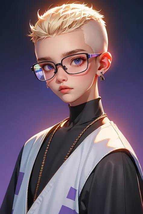 Blind Box,Simple Background,Extraordinary wide portrait of Parkour cool outfit over purple tech style of high tech fashion professional photography, 8K, White blonde buzz cut,Boy wearing transparent glasses,Full black clothes