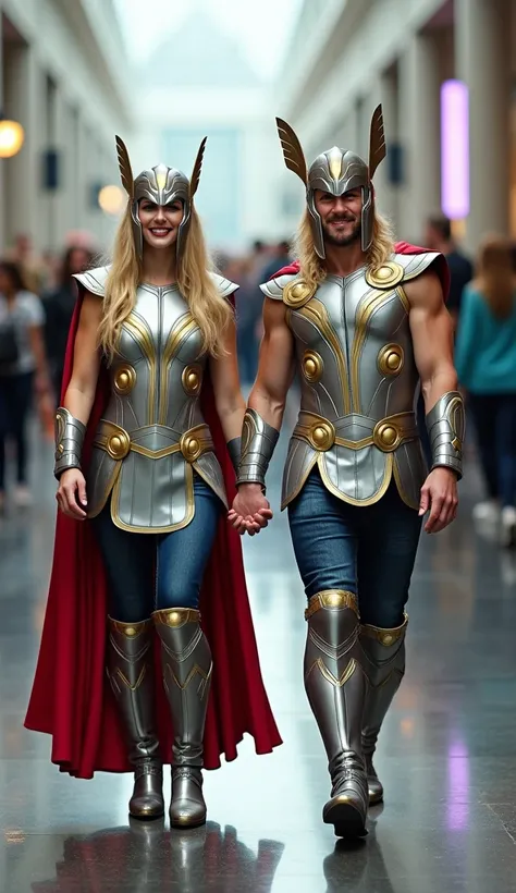 two persons.  a male and a female.  They wear a silver thor costume.wear gold armor . They both wear thor masks.  Their hair is blond .  They wear thor accessories .  were walking hand in hand .  They smile happily while walking while looking towards the f...