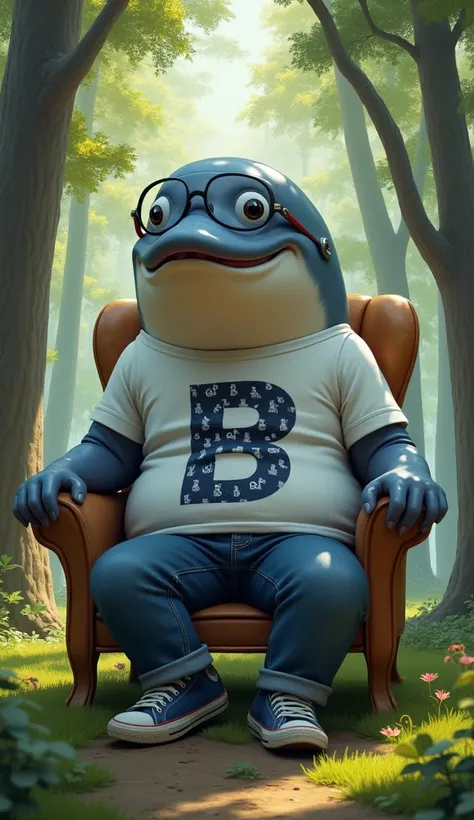 create a whale sitting in the chair in the forest, with casual clothes and full of letter B in the t-shirt and eye glasses, looking to the camera with a smile
