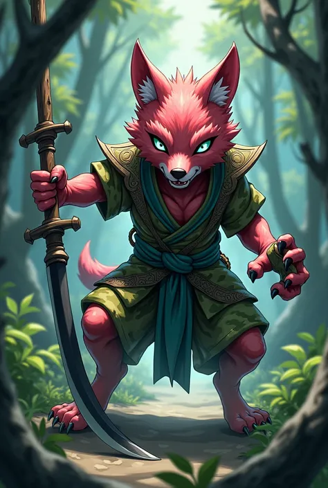 Anime: Yōkai ninja with the characteristics of a pink jackal and camo green bear. They wield both a scythe and claw knuckles.