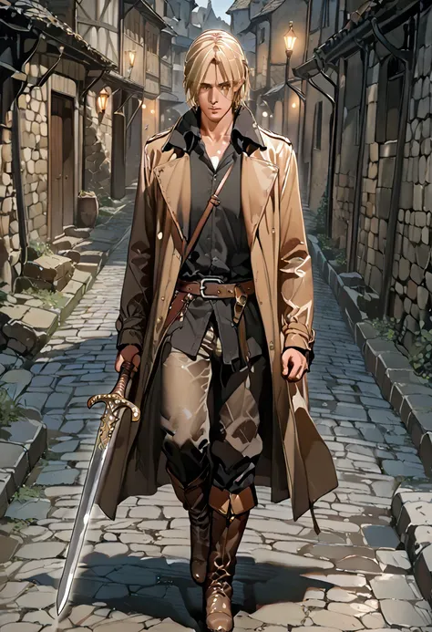 1guy, gold eyes, Blonde hair, short hair, wearing a long Brown leather trenchcoat, black simple shirt, Brown leather pants, Brown leather long boots, holding a dragon bone greatsword, walking in a medieval stony road