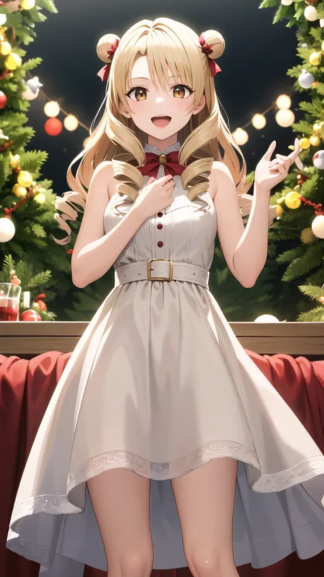 masterpiece, best quality, highres, 1girl, solo, long hair, blonde hair, double bun, drill hair, brown eyes, merry christmas Dress, standing, smile, open mouth,