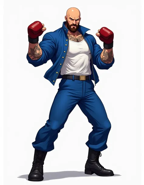  man, 30 years, bald, with beard,  neck tattoos ,  wearing royal blue jacket and pants, boots,   Realistic anime style illustration, white shirt under the jacket, In the boxer position 