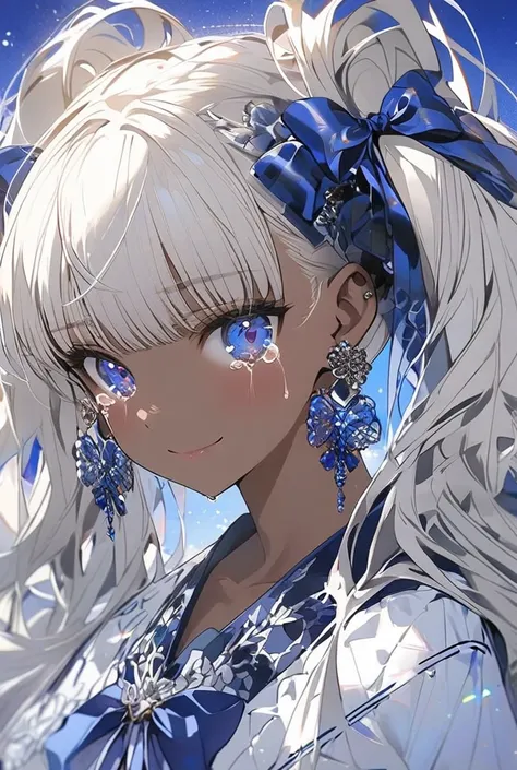 1girl, solo, long_hair, looking_at_viewer, smile, bangs, blue_eyes, eyebrows_visible_through_hair, original, bow, twintails, jewelry, closed_mouth, collarbone, earrings, white_hair, tears, artist_name, dark_skin, dark-skinned_female, blue_background, ribbo...