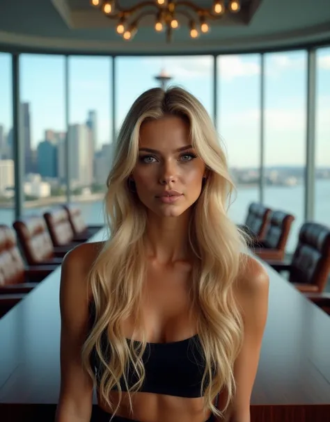  hyper-realistic photo A close up of the full body of a beautiful blonde woman with long hair, Behind the ,  leather armchairs is a spacious meeting room with glass walls ,  an enormous dark wood table and at least twenty matching chairs . behind that ,  t...